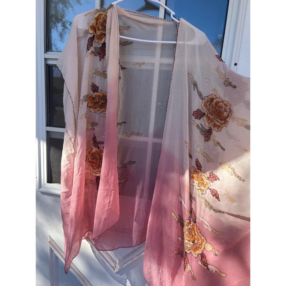 Vintage Beaded Silk Chiffon Kimono Wrap Ombre Floral Sequin Sheer Shawl Pink